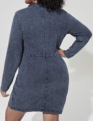 Women Autumn Grey Casual Turn-down Collar Full Sleeves Solid Denim Zippers Mini Straight Plus Size Casual Dress