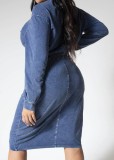 Women Autumn Blue Casual O-Neck Full Sleeves High Waist Solid Denim Belted Regular Plus Size Two Piece Skirt Set