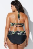 Women Green Bikini V-Neck Floral Print Plus Size Two Piece Swimwear