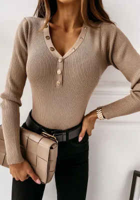 Women Autumn Khaki Casual V-neck Full Sleeves Solid Rivet Regular T-Shirt