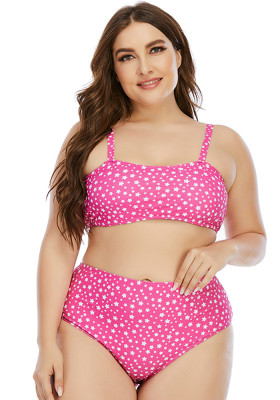Women Pink Bikini Strap Printed Plus Size Two Piece Swimwear