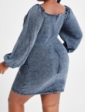 Women Summer Blue Modest Square Collar Full Sleeves Solid Denim Hollow Out Mini Straight Plus Size Casual Dress