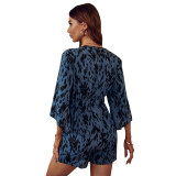 Women Fashion V-Neck Loose Print Hollow Chiffon Half Sleeve Jumpsuit