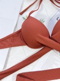 Women Red Bikini Halter Solid Lace Up Two Piece Swimwear