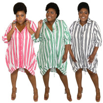 Plus Size Spring Summer Mid Sleeve Drawstring Sexy Striped Shirt Dress