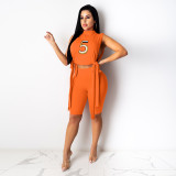 Women Summer Casual Crew Neck Sleeveless Fashion Embroidered Top And Shorts Two Piece Set