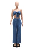 Women Summer Blue Modest Strapless Sleeveless High Waist Solid Denim Bow Loose Two Piece Pants Set