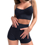 Women spring and summer strap vest and high waist shorts sports two-piece set