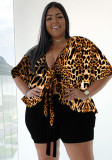 Women Summer Printed Casual V-neck Half Sleeves High Waist Leopard Print Bow Regular Plus Size Two Piece Short Set