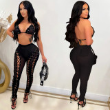 fashion women's sexy solid color mesh perspective hollow sleeveless vest trousers two-piece set