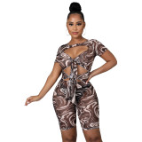 Women summer perspective mesh printing hollow out sexy jumpsuit