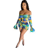 Women hot sale mesh off sholoulder lotus leaf long sleeve top and ruffled mini dress two-piece set