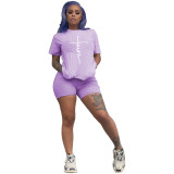 Women's Letter Print Casual Summer Sports Two Piece Shorts Set