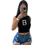 Women Fashion Sexy Solid Color Turtleneck Hollow Out B Letter Embroidery Top