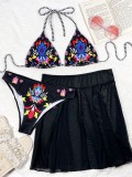 Women Black High-Waisted Halter Floral Print Three Piece Swimwear