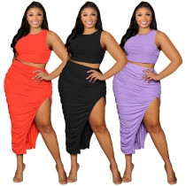 Plus size women's clothing summer vest and pleated skirt casual two-piece set