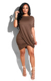 Women Summer Round Neck Short Sleeve Pleated Irregular Dress