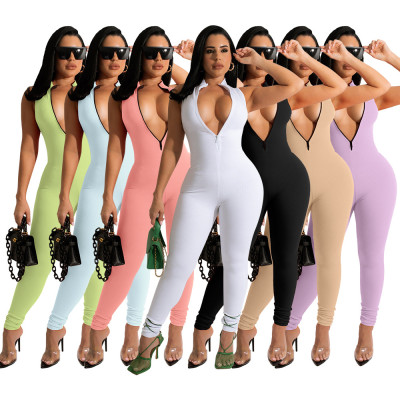 elastic small ribbed zipper ladies jumpsuit