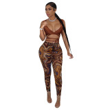 Summer women's fashion mesh pants print bandage suit