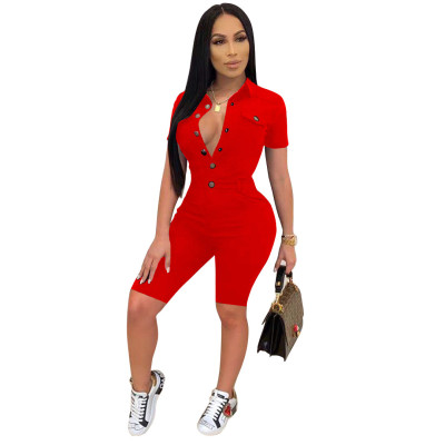 Ladies Fashion Button Casual Short Sleeve Solid Color Jumpsuit