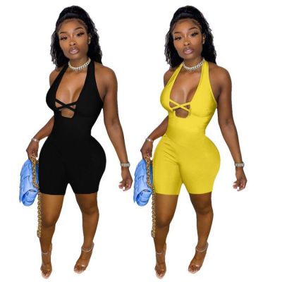 Summer sleeveless deep V-neck sexy solid color jumpsuit