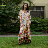 Women Summer Muslim Loose Half Sleeve Print Robe Long Dress