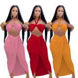 Women Summer Sexy Halter Crop Top And Slit Long Dress Two Piece Set