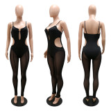 Fashion sexy suspenders hollow see through tight-fitting jumpsuit