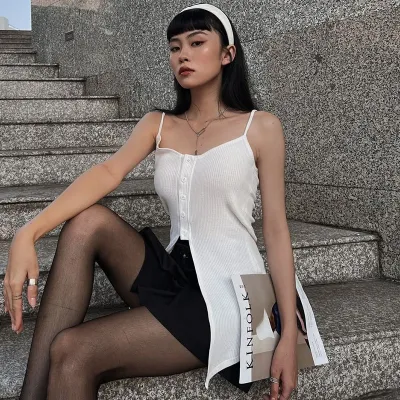 Women Summer Solid Color One-Neck Cardigan Sling Sleeveless Tank Top