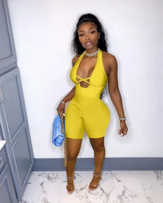 Summer sleeveless deep V-neck sexy solid color jumpsuit