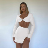 spring long-sleeved hollow T-shirt irregular skirt two-piece fashion suit women