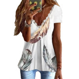 Spring Summer Casual Printed Lace V-Neck Short Sleeve T-Shirt