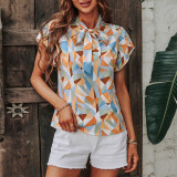 Summer Women Chiffon Stand Collar Printed Short Sleeve Shirt