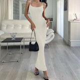 Women Summer Fashion Slim Waist Hollow Out Knitted Suspender Long Dress