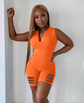 Hole solid color sexy fashion zipper jumpsuit