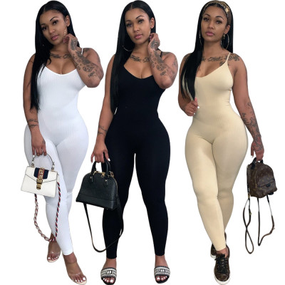 Sexy Women's Ribbed Open Back Cross Straps Jumpsuits