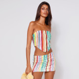 Summer Women Fashion Stripe Print Wrap Vest And Mini Skirt Two Piece Set