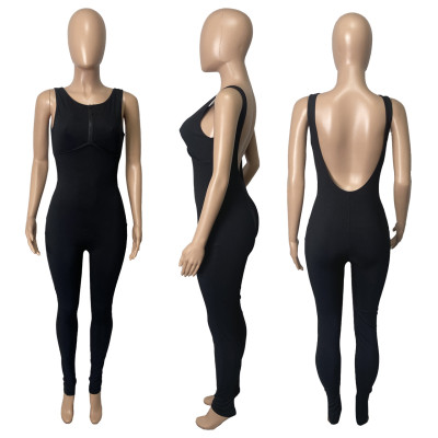 Women spring and summer zipper sleeveless solid jumpsuit