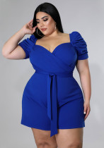 Women Summer Blue Casual Square Collar Short Sleeves Solid Belted Short Regular Plus Size Jumpsuit