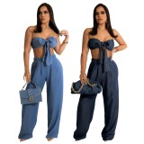 Women Summer Dark blue Modest Strapless Sleeveless High Waist Solid Denim Bow Loose Two Piece Pants Set