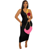 Fashion women's spring and summer Ribbed multicolor Patchwork hollow out waist sexy sleeveless one-piece dress