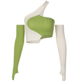 Women Spring Slanted Shoulder Irregular Patchwork Contrast Color Knit Slim Fit Crop Top
