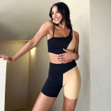 Women's Spring Color Contrast patchwork Two-piece One-shoulder Sports Fitness Suit