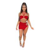 Women Summer Sexy Solid Tube Top And Hollow Out Mini Dress Two-Piece Set