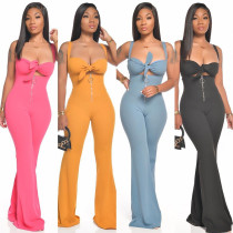 Women Summer Sexy Top And Straps Zipper Pant Solid Two Piece Set
