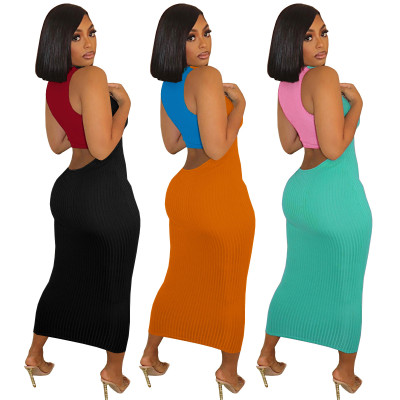 Fashion women's spring and summer Ribbed multicolor Patchwork hollow out waist sexy sleeveless one-piece dress