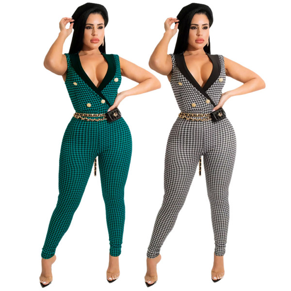 women's clothing nightclub clothing fashion printing lapel button houndstooth jumpsuit