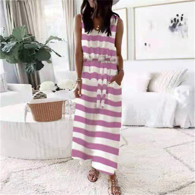 Women Summer Loose Printed Sleeveless Belted Dress