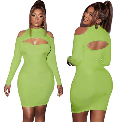 Fashion Sexy Hollow Out Shoulder Solid Color Party Tight Hip Dress
