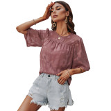 Summer Women Fashion Solid Color Round Neck Loose Print Chiffon Shirt
